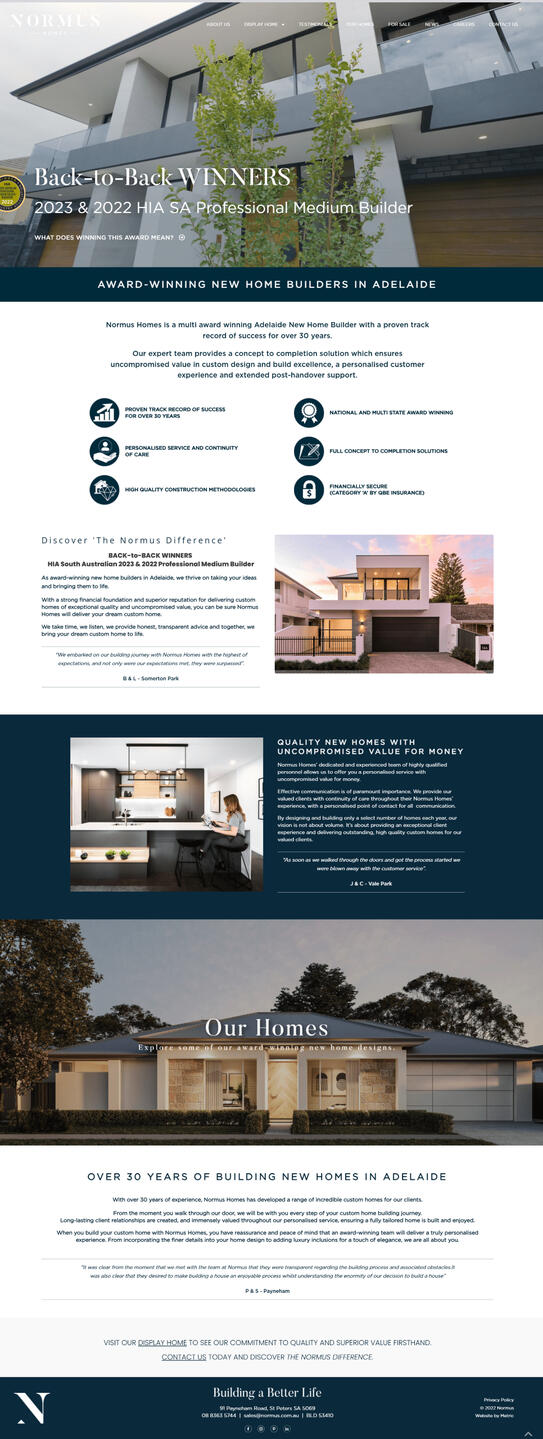 Full-page view of Normus Homes' website, showcasing their expertise as a leading new home builder in Adelaide.